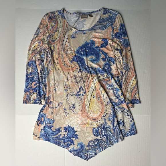 Chico’s Women's Size 1 Small Shirt Blue Paisley Cream Filgree Rayon Spandex - Picture 1 of 6